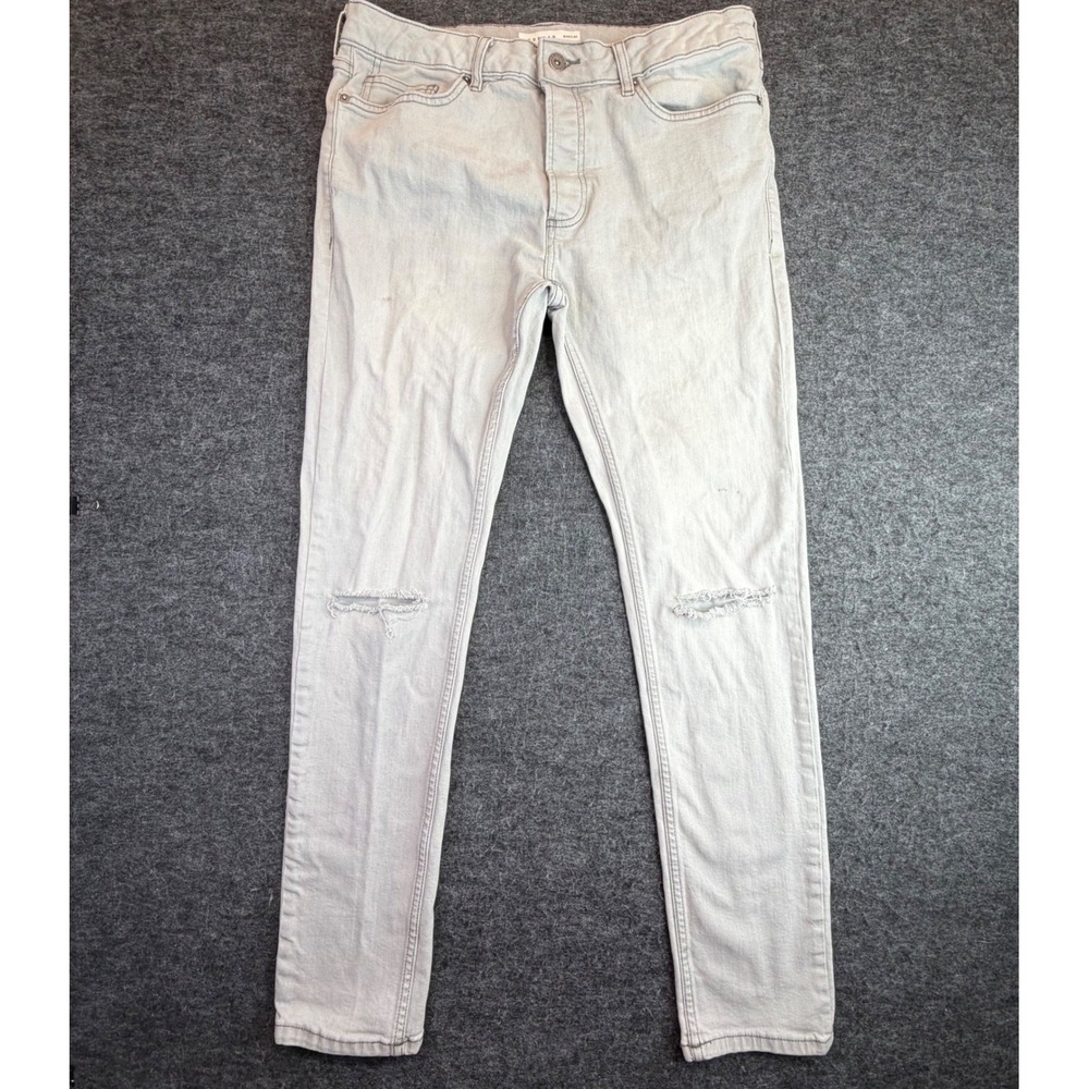 Topman Stretch Skinny Jeans Men Fits 32x30 Light Gray Distressed Button Fly